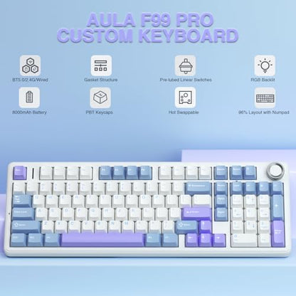 AULA F99 Pro Wireless Mechanical Keyboard with Knob,Creamy Sound,Tri-Mode BT5.0/USB-C/2.4GHz Hot Swappable Keyboard,Gasket Structure,RGB Backlit Computer Gaming Keyboards - color: With Knob-White&Blue&Purple