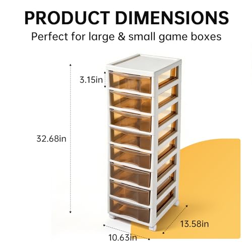 Board Game Storage Cabinet - Plastic Clear Storage Containers, 8-Tier Large Capacity, with Individual Pull-Out Drawers, Lockable Wheels Casters, Ideal for Card Game Boxes and Standard-Size Board Games