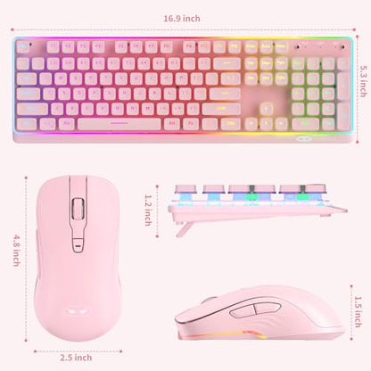 MAGEGEE Wireless Keyboard and Mouse Combo, 2.4G Full Size RGB Keyboard with 104 Keys, Rechargeable Wireless Mouse with 3 DPI, Ergonomic Computer Keyboard and Mouse Set for Windows Mac Laptop PC - color: Pink