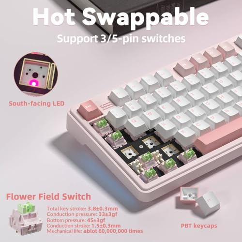 LINGBAO K108 Pro Wireless Mechanical Keyboard with Screen & Knob, Full Size Creamy Keyboard with Number Pad, 10000mAh Battery, PBT Keycaps, RGB Backlit, Hot-swappable Pink Gaming Keyboard for PC/Mac - color: White & Pink
