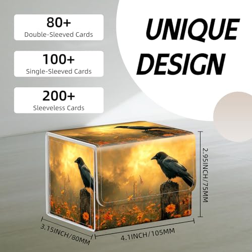 Trading Card Storage Box, Holds 100+ for MTG Cards, PU Leather with Magnetic Closure, Black Raven in Golden Flower Field Durable Deck Box for Magic the Gathering, Trading Card Games - color: Black Raven in Golden Flower Field