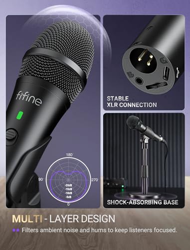 FIFINE AmpliTank TANK2 USB/XLR Dynamic Microphone for Podcast Recording | Studio Desktop Mic with Mute Button, Height-Adjustable Stand, Windscreen for Vocal, Streaming, Voice Over, Black
