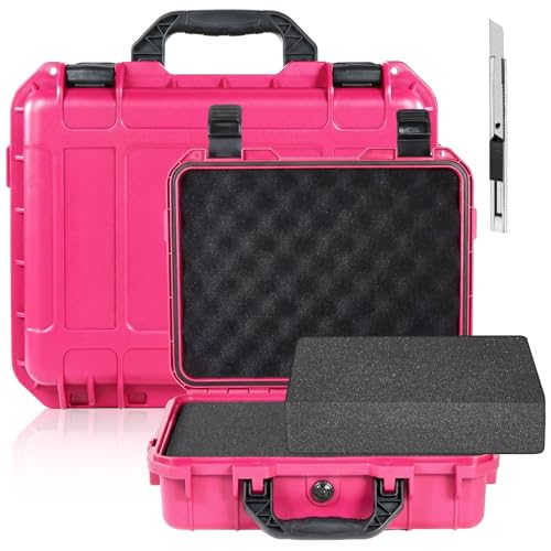 Relaxweex 1 Pcs 14.3 x 11.4 x 4.5 Inch Waterproof Hard Case with DIY Customizable Foam Insert Portable Protective Case with Knife for Camera Drones Equipments Tools Test Instruments(Rose Red) - color: Rose Red, size: 14.3 x 11.4 x 4.5 Inch