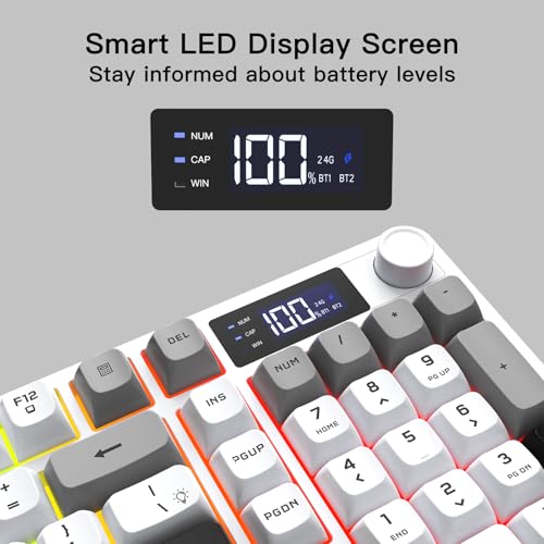Wireless Gaming Keyboard with Smart Display & Knob Control, Tri-Mode BT5.0/2.4GHz/Wired RGB Backlit Computer Keyboards with Number Pad, 26-Key Rollover, Compatible for Windows, Mac