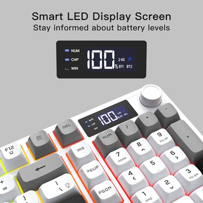 Wireless Gaming Keyboard with Smart Display & Knob Control, Tri-Mode BT5.0/2.4GHz/Wired RGB Backlit Computer Keyboards with Number Pad, 26-Key Rollover, Compatible for Windows, Mac