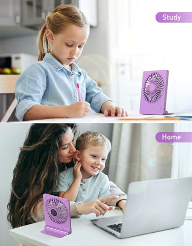 Zuvas Desk Fan Small Rechargeable Battery Table Fans for travel Ultra Quiet | 180° Tilt Folding, LED Dislay, Portable Fan Slim Design, 3 Speed Adjustable, for Office Bedroom Desktop, Cruise Essentials - color: Purple