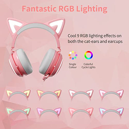 EASARS Pink Gaming Headset GS510, Wired, Over Ear, Cat Ear Design with RGB Lighting, 7.1 Surround Sound, Retractable Mic, Compatible with PC, PS4, PS5 - color: Pink, style: Wired