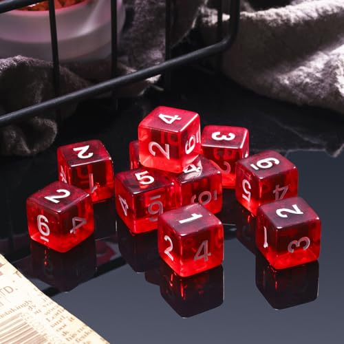 10 Pieces Polyhedral Dice Set D6 Dice 16mm Acrylic 6 Sided Dice Game Dice for Dungeons and Dragons RPG MTG DND Dice Table Games (Transparent Red) - color: Transparent Red