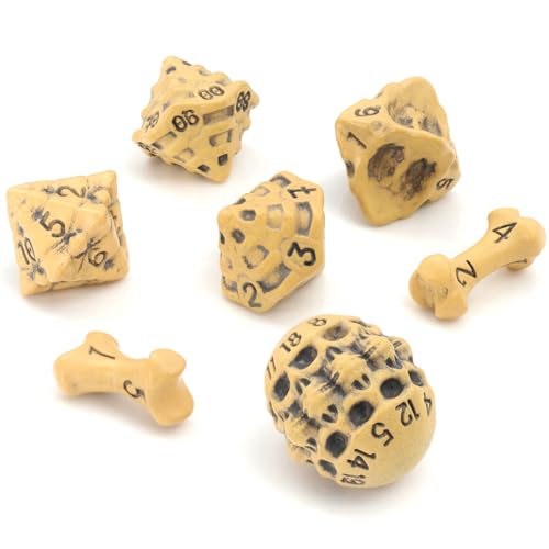 DND Dice Set - Set of 7 Polyhedral Skull & Bone RPG Dice - D20, D12,%D10, D10, D8, D6 & D4 Sided. Cool & Unique Gift for Dungeons & Dragons, Warhammer, D&D, Pathfinder, D and D Accessories. (Yellow) - color: Ancient Bone Yellow, style: 7 RPG Dice Set