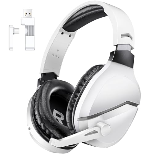 Wireless Gaming Headset with Mic for PS5 PS4 PC, 48Hrs, Wired for GameCube | 2.4GHz/Bluetooth Headphones, USB & Type-C, 7.1 Surround Sound, Noise Cancellation, Rotating Ear Cups for Mac Switch - color: White