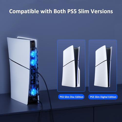 NexiGo PS5 Accessories Essential Kit, PS5 Slim Accessories Horizontal Stand (White), [Minimalist Design], Silent Enhanced Cooling Fan with Adjustable Speed, with USB 3.0 Port - for New PS5 Slim