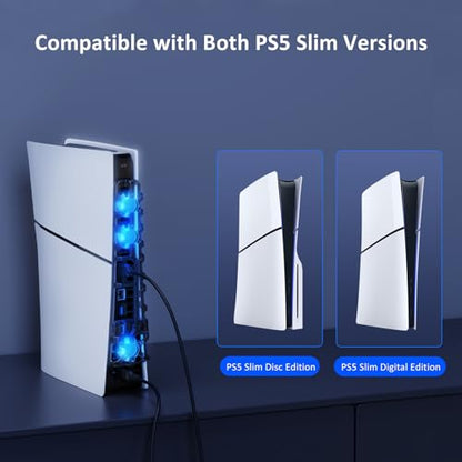 NexiGo PS5 Accessories Essential Kit, PS5 Slim Accessories Horizontal Stand (White), [Minimalist Design], Silent Enhanced Cooling Fan with Adjustable Speed, with USB 3.0 Port - for New PS5 Slim