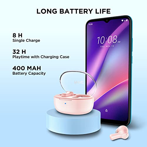 HTC True Wireless Earbuds 1 Bluetooth 5.3 in-Ear Headphones ENC Noise Cancellation with Transparent Charging Case, 32-Hour Playtime/Built-in Mic/Touch Control - Crystal Pink - color: Pink