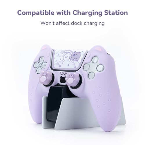 GeekShare Cute Bear PS5 Controller Skin Set,Soft Anti-Slip Silicone Protective Cover Skin Case for PS5 Wireless Controller with 2 Thumb Grip Caps and 1 Sticker - Purple - color: Bear