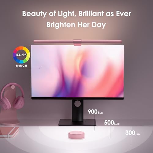 Quntis Pink Monitor Light Bar with Remote, Eye-Care No Glare, Space Saving Computer Desk Lamp As Gifts for Girls, Stepless Dimming, Modern Aesthetic Desk Light Bar for Home Office Gaming Reading | Eye-Care No Glare, Space Saving, Stepless Dimming, Desk La