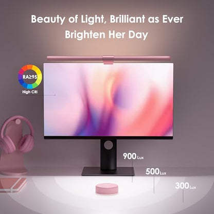 Quntis Pink Monitor Light Bar with Remote, Eye-Care No Glare, Space Saving Computer Desk Lamp As Gifts for Girls, Stepless Dimming, Modern Aesthetic Desk Light Bar for Home Office Gaming Reading | Eye-Care No Glare, Space Saving, Stepless Dimming, Desk La