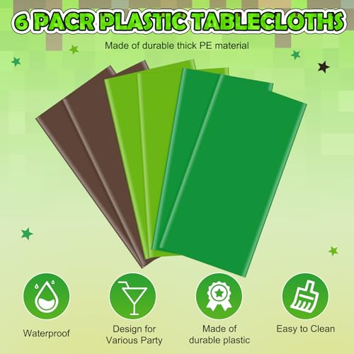 6 Pcs Dark Green & Brown Party Tablecloth Bulks, Disposable Plastic Pixel Gaming Tablecloth Dark Green Brown Table Cover for Picnic Video Game Birthday Party Supplies, 54x108 Inch - color: Green Brown