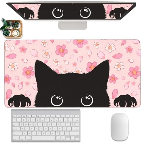 Black Cat Mouse Pad Extended Large Cute Pink Cherry Blossom Desk Mat Big Floral Flowers Desk Pad Set XXL Aesthetic Paw Gaming Mouse Pad for Keyboard Computer Laptop Home Office Girl 31.5X15.7Inches - color: Cherry Blossom Cat