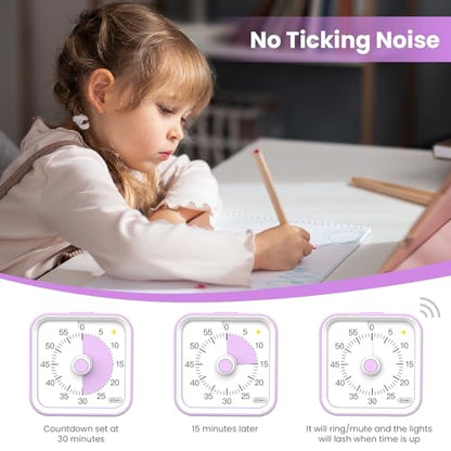 Visual Timer for Kids, Cute Timer with Pause Function, Purple | Time Management for Classroom, ADHD, Kitchen, Toddlers, Study, Alarm 3 Volume Levels, Light Indicator, Easy to Use - color: Purple