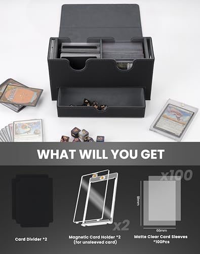 MRAUF MTG Deck Box with Double Commander Display and Dice Tray, Fits 200+ Double Sleeved Cards, Card Storage Box Plus 2 Magnetic Holders& 100Pcs Card Sleeves (Black) - color: Black