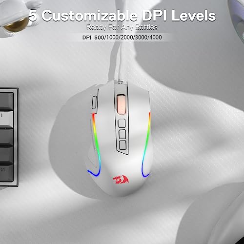 Redragon M612 Wired RGB Optical Gaming Mouse 8000 DPI Remapping Keys | Cable-Free 0 Delay, Redefine Keybinding Macro, Vibing Backlight, Ergonomic Grip Body Comfort - color: White, style: Wired