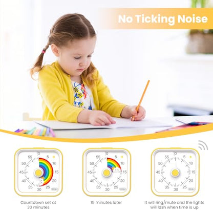 Visual Timer for Kids, Rainbow Timer with Pause Function, Yellow | Cute Silent Timer for Classroom, ADHD, Kitchen, Toddlers, Study, Alarm 3 Volume Levels, Light Indicator, Easy to Use - color: Rainbow Yellow