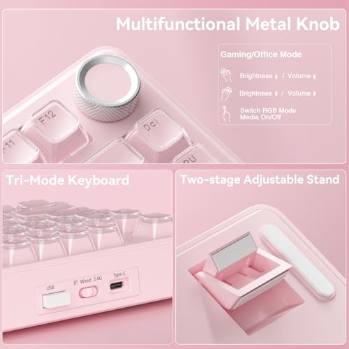 SOLAKAKA A75 Wireless Gaming Keyboard with Multifunction Knob, BT5.0/2.4GHz/USB-C, 75% Mechanical Keyboard, Hot-Swappable, Gasket Creamy Keyboard with RGB Backlit, Crystal Keycaps, for PC/Mac/PC - color: Crystal-Pink