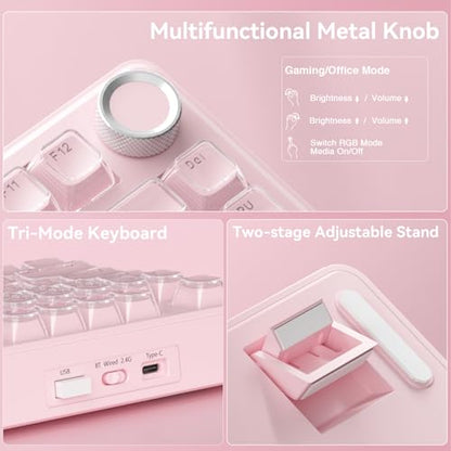 SOLAKAKA A75 Wireless Gaming Keyboard with Multifunction Knob, BT5.0/2.4GHz/USB-C, 75% Mechanical Keyboard, Hot-Swappable, Gasket Creamy Keyboard with RGB Backlit, Crystal Keycaps, for PC/Mac/PC - color: Crystal-Pink