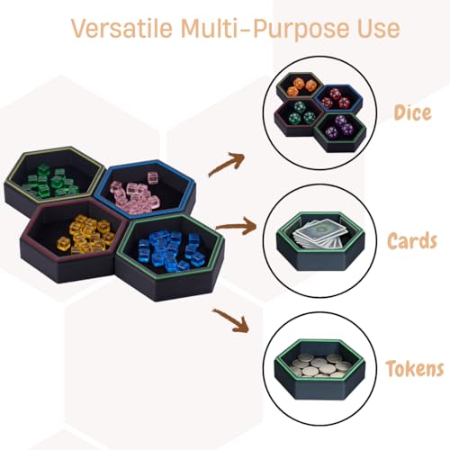 Magnetic Hex Board Game Trays, Modular Stackable Token Dice Trays (4-Pack) | Built-in Magnets, Flexible Combination, Stackable For Storage, Token & Dice Organizer, 4 Colors, Modular Design