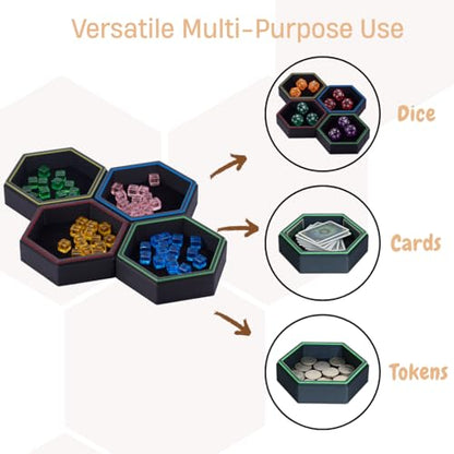 Magnetic Hex Board Game Trays, Modular Stackable Token Dice Trays (4-Pack) | Built-in Magnets, Flexible Combination, Stackable For Storage, Token & Dice Organizer, 4 Colors, Modular Design