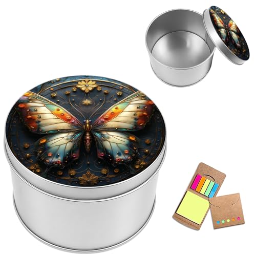 Metal Round Storage Containers Box with Lid, Metal Tins Organizer Box for Earring Jewelry Craft Trinket Keys Watch, Jewel Butterfly Design Decorative Storage Case with Notepad - color: Jewel Butterfly