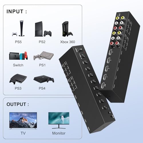 4 AV Inputs + 4 HDMI 2.0 Inputs to HDMI Converter (8 in 1) with Upgrade New Version - style: 4 RCA + 4 HDMI Converter