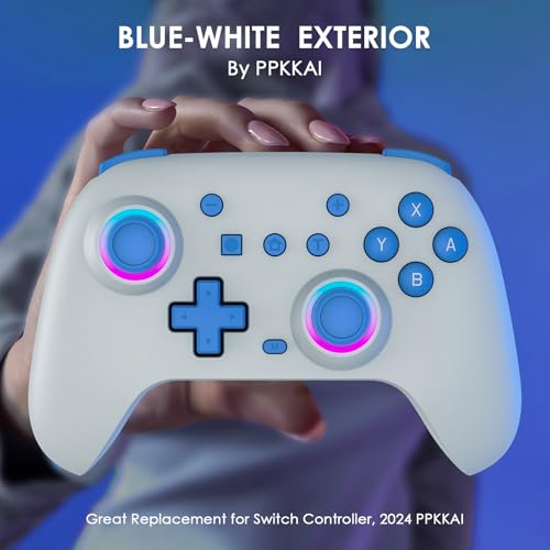 PPKKAI Switch Controllers 2 Pack, Wireless Switch Pro Controller for Nintendo Switch/Lite/OLED, Gaming Controller with Hall Effect Joysticks/Programmable/Adjustable Dual Vibration, Blue-White