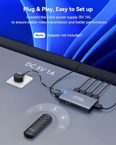 HDMI Switch 5 in 1 Out 4K@60Hz, GANA HDMI Splitter Switcher with Remote, Aluminum HDMI 2.0 Switch Box Hub for 3D, HDCP2.2, HDR, Compatible with Xbox, PS5/4/3,Fire Stick,Roku,Blu-Ray Player, Grey - color: Gray