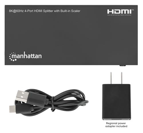 Manhattan HDMI Splitter with Scaler 1 in 4 Out, 8K 60Hz 4K 120Hz, EDID Control, HDR, HDCP 2.3, 48 Gbps, Metal Housing - 208475 - size: 1 In x 4 Out