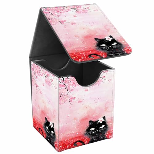 Card Deck Box, Card Storage Box Fits 100+ Single Sleeved Cards, Large Capacity PU Leather Card Storage Box with Strong Magnet for Magic Commander TCG CCG, Cherry Blossoms Cat - color: Cherry Blossoms Cat