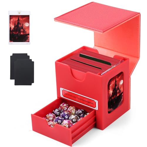 Patented MTG Commander DekBox, 100+ Double Sleeved Card Storage Box with Dice Tray, 35pt Card Holder & 2 Dividers - Magnetic Deck Case for TCG/CCG/Magic/Sports Cards, Red - color: RED