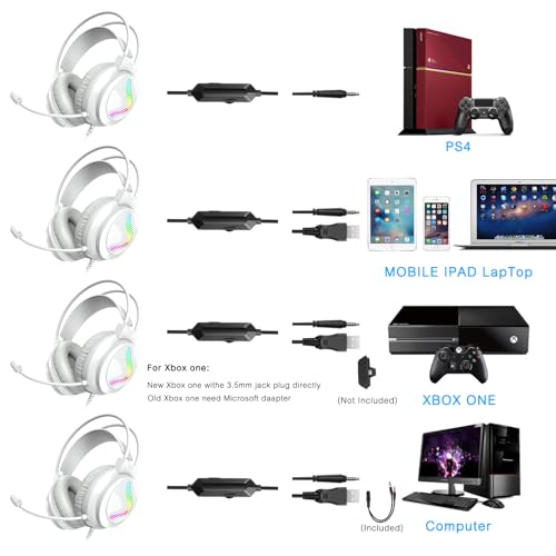 J11 Gaming Headset with Microphone, Noise Cancelling Gaming Headphones Compatible with PS4 PS5 Xbox One PC Laptop, Over-Ear Headset with LED RGB Light, 7.1 Stereo Surround Sound (White) - color: White