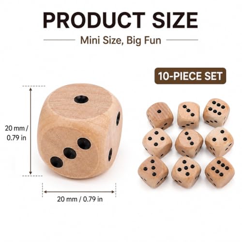 10Pcs Wooden D6 Dice Set, 20mm Round Corner, 6 Sided Gaming Dice for Adults Standard Game Dice