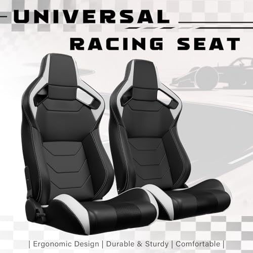 2 Pcs Adjustable Universal Racing Seats with Double Sliders, Reclinable Bucket Seats, 1 Pair of Sport Seats for Vehicles (Black&White-B) - color: Black&White-B