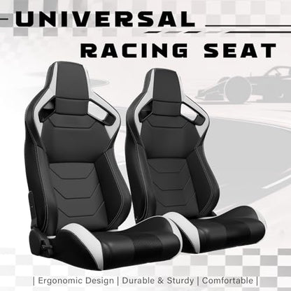 2 Pcs Adjustable Universal Racing Seats with Double Sliders, Reclinable Bucket Seats, 1 Pair of Sport Seats for Vehicles (Black&White-B) - color: Black&White-B