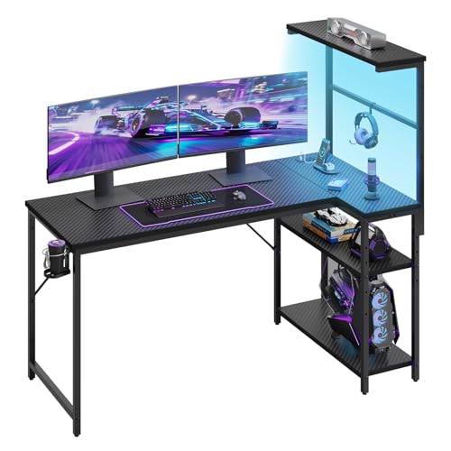 52" L-Shaped Gaming Desk with Power Outlets LED Lights, Black | Reversible Design, LED Lights, 4-Tier Storage Shelves, Headphone Hook, Foldable Cup Holder, Computer Desk, Home Office - color: Black, size: 52 Inch