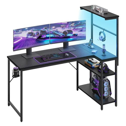 52" L-Shaped Gaming Desk with Power Outlets LED Lights, Black | Reversible Design, LED Lights, 4-Tier Storage Shelves, Headphone Hook, Foldable Cup Holder, Computer Desk, Home Office - color: Black, size: 52 Inch