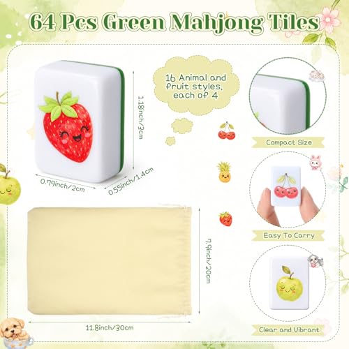 Leitee 2 Players Mahjong Block Set 1.18" Mahjong Tile Game Including 64 Pcs Green Tiles with Animal and Food Pattern Dice Portable Storage Bag Party Activities Supplies