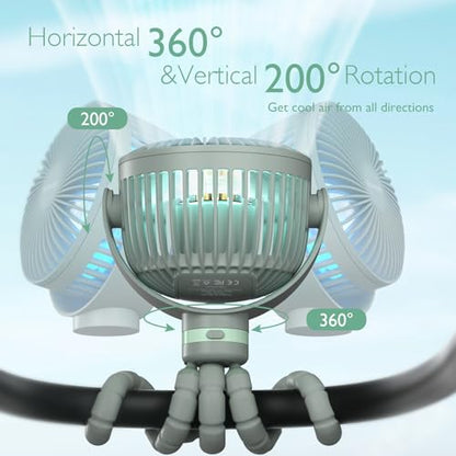 Momcozy 8000mAh Portable Stroller Fan, 27H Ultra-long Battery Life Detachable 4 Speed 360°Rotate LED Night Light with 2 Modes, USB Rechargeable Handheld Cooling Fan for Travel/Car Seat/Bedroom - color: Forest