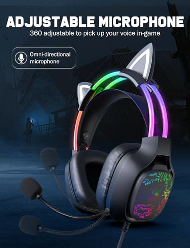ONITOON Gaming Headset with Microphone, RGB Lights, Detachable Cat Ear, Lightweight Over-Ear Headphones with Adjustable Headband for PC, PS4, PS5, Mac, Switch, Surround Sound, in-Line Control, Black - color: Black