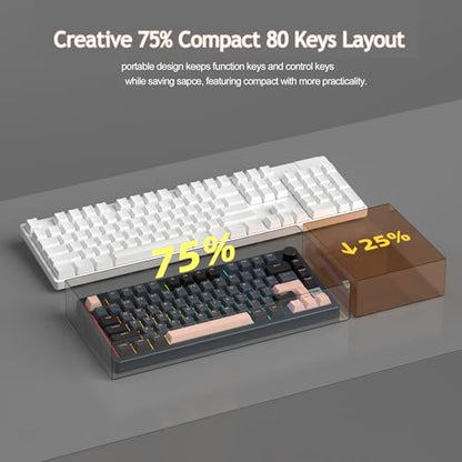 MageGee LIGHT75 Wireless Creamy Keyboard, Tri-Mode Bluetooth/2.4GHz/USB-C RGB Backlit, Gasket Hot Swappable Custom Gaming Keyboard for Win/Mac/PC, with Knob, 4000mAh Battery, Grey - color: Grey Beige/Pink Bear Switch