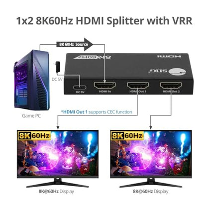 SIIG 1x2 HDMI 2.1 Splitter, 8K60Hz, VRR, ALLM, EDID, CE-H27N11-S1 | Send one HDMI 2.1 source to two 8K60Hz displays; VRR, ALLM and EDID support gaming and high-refresh AV systems.