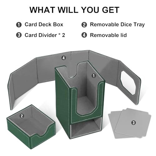 Card Deck Box for MTG Commander, Fits 100+ Double-Sleeved Cards Card Case | with Detachable Dice Tray, 2 Dividers, Removable lid, Trading Card Storage Box, Sturdy and Durable, Fits TCG/PTCG/Sports Card - color: Dark Green and Dark Gray