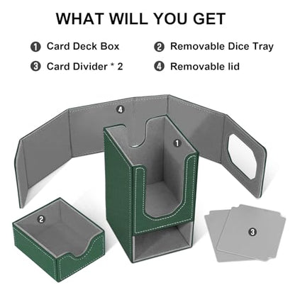 Card Deck Box for MTG Commander, Fits 100+ Double-Sleeved Cards Card Case | with Detachable Dice Tray, 2 Dividers, Removable lid, Trading Card Storage Box, Sturdy and Durable, Fits TCG/PTCG/Sports Card - color: Dark Green and Dark Gray